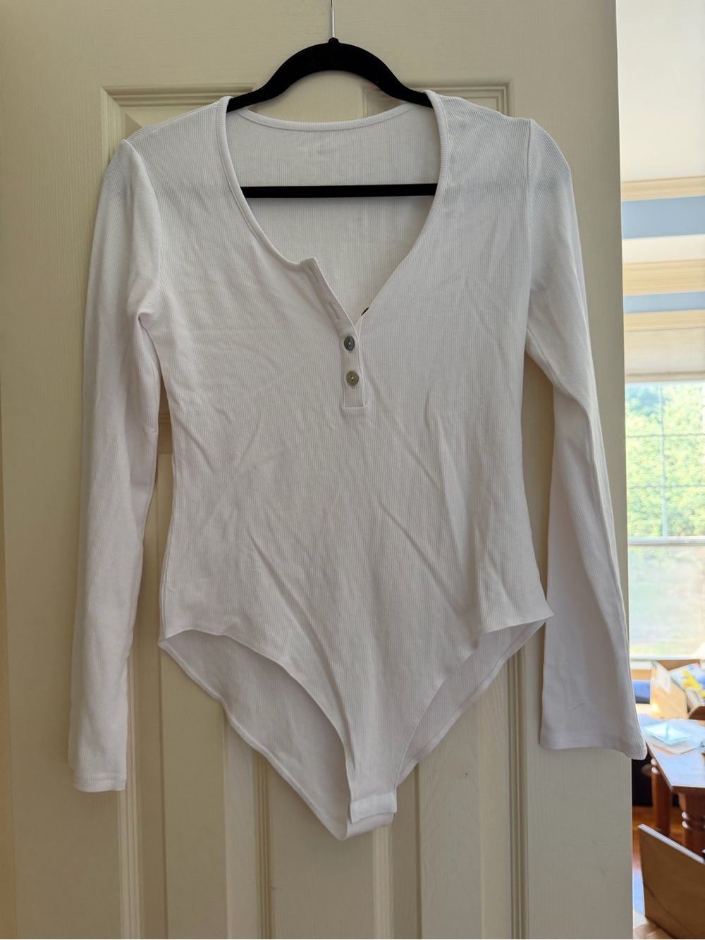 Women's White Long-Sleeve Henley Bodysuit